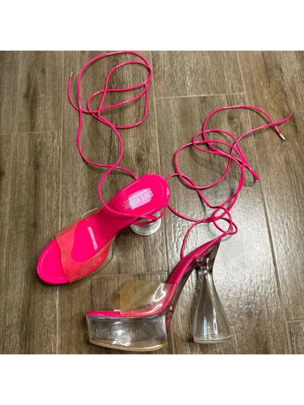 Cape Robbin Neon Pink Lace Up Clear Block Heel Sandals Sz 11